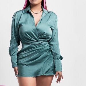 Elegant Teal Satin Wrap Dress